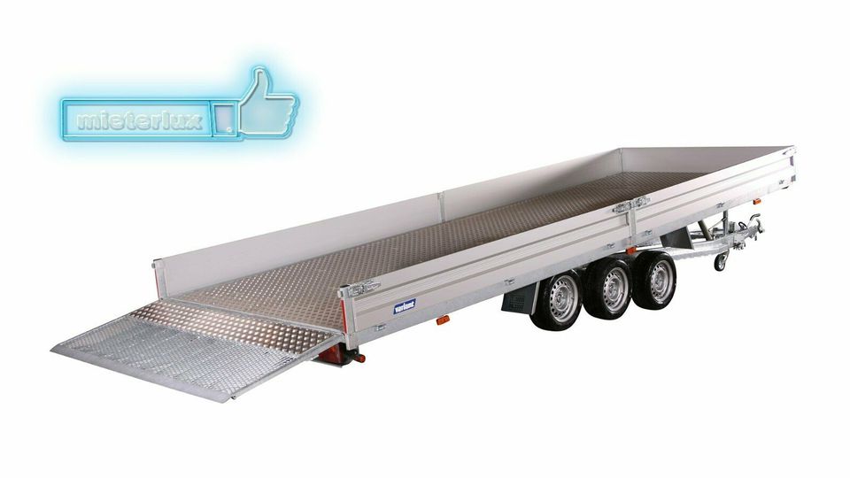 Miete PKW Anhänger Universaltransporter kippbar 3500 kg, Ladefläche 6,20 x 2,10 m Tridem – mit Bordwänden ab 30€/Tag Mieterlux.de in Heusenstamm