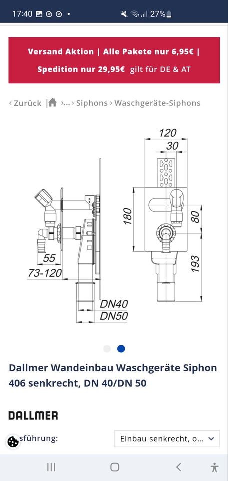 Dallmer Wandeinbau Waschgeräte Siphon 406 senkrecht, DN 40/DN 50 in Buchholz (Westerwald)