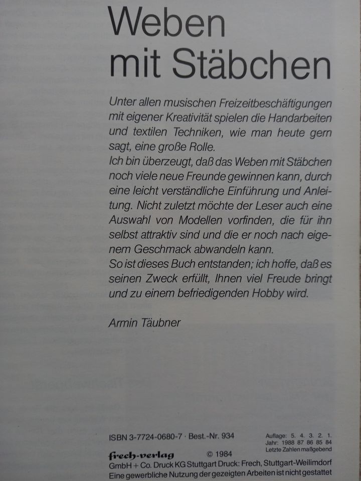Weben mit Stäbchen, Armin Täubner, 1984, sehr selten in Windelsbach