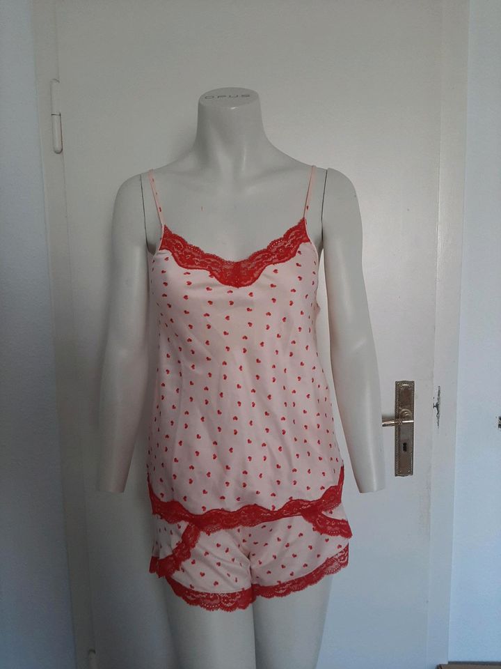 Pyjama Schlafanzug Top Short M rosa rot Spitze Herzen neu Etikett in Dortmund