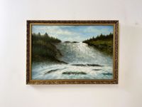 WMK Dynamisches & sehr gut erhaltenes schwedisches Öl auf Leinwand Gemälde, 98x68cm, signiert jedoch nicht zuzuordnen, Holzrahmen in Gold # Bild Wandgemälde Ölgemälde Wasserfall Goldrahmen Vintage Friedrichshain-Kreuzberg - Friedrichshain Vorschau