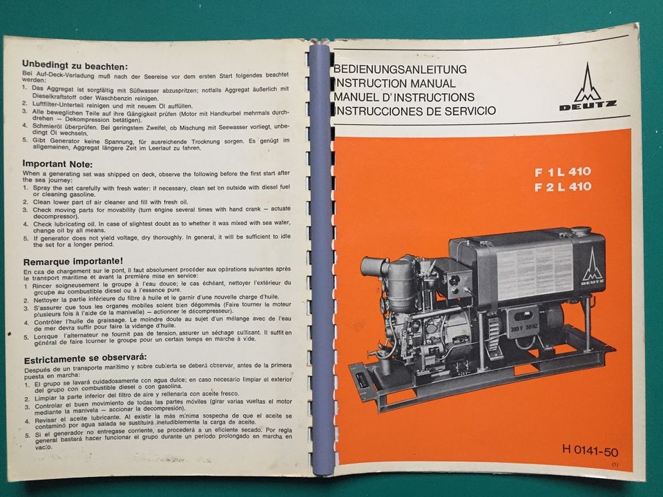 Bedienungsanleitung Deutz Motor F1/2L 410 und DKB-Generator in Bergisch Gladbach