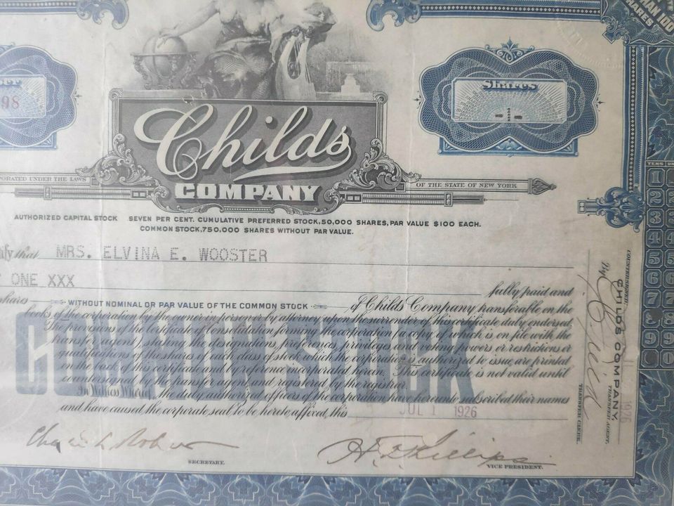 Stammaktie Childs Company "less than 100 shares" aus d. Jahr 1926 in Mutterstadt