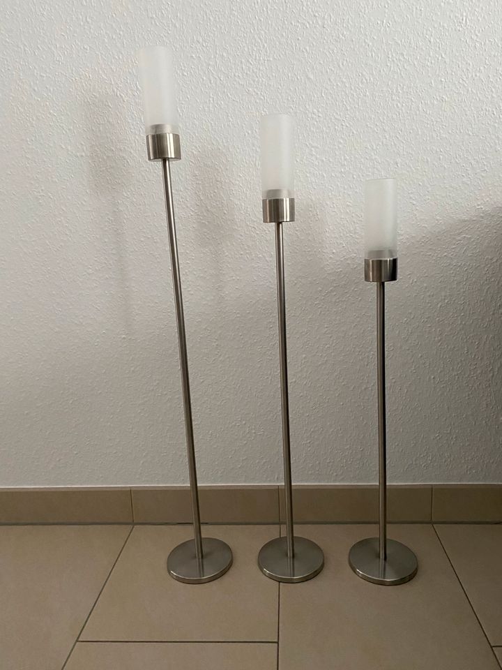 3-teiliger Kerzenständer, Edelstahl mit Milchglas plus Ersatzglas in Ellerstadt