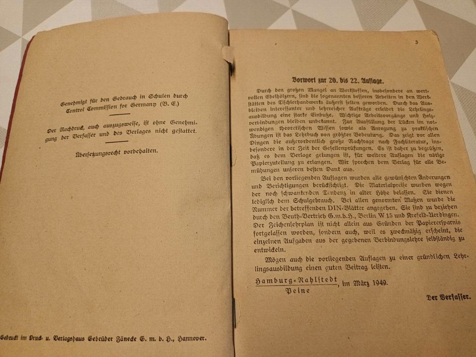 altes Buch Lehrbuch für Tischler 1949  für Berufschule & Praxis in Dinslaken