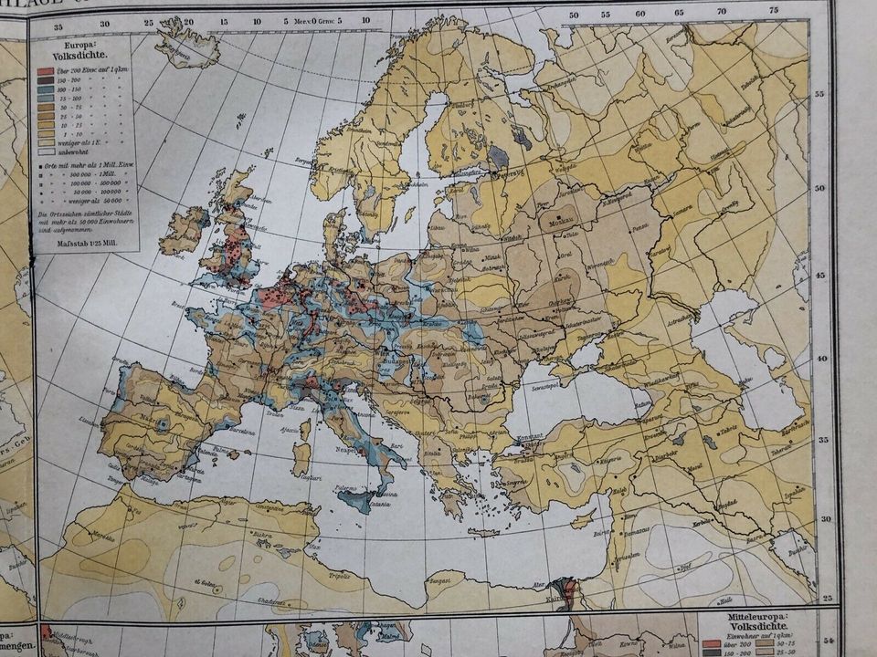 Alte XXL Landkarte um 1900: Europa, Niederschläge und Volksdichte in München