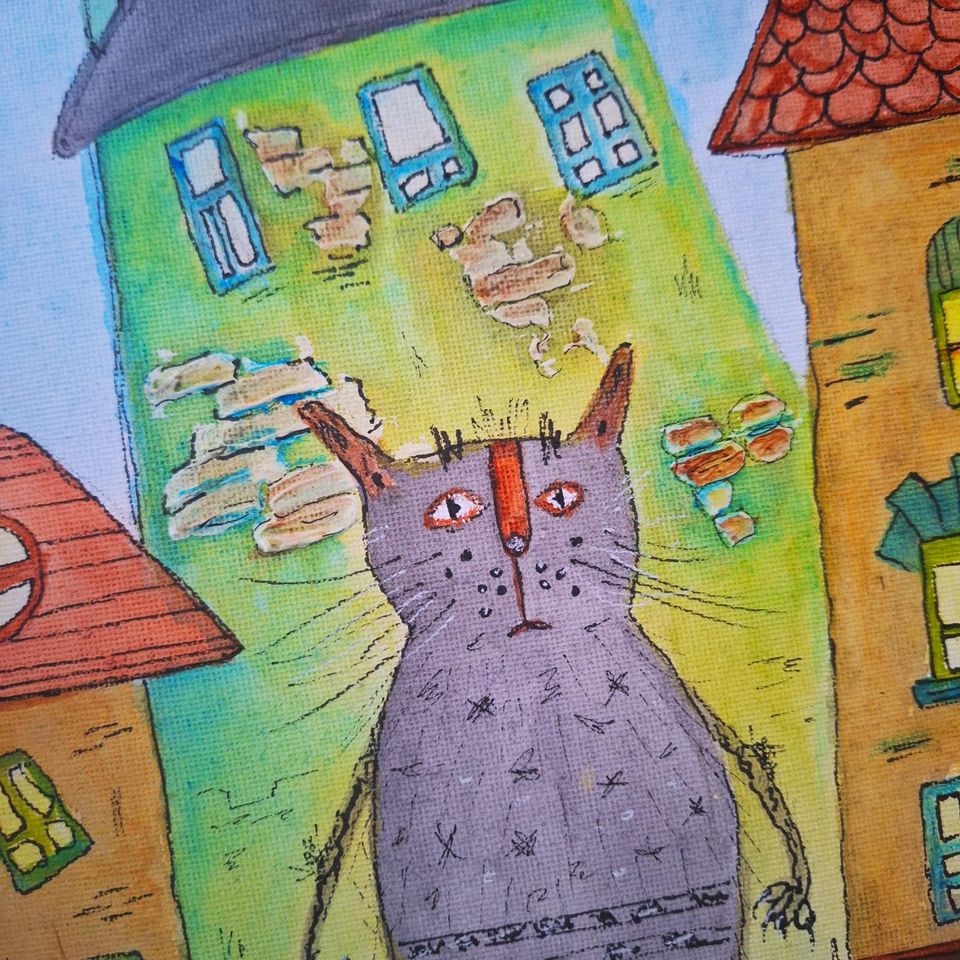 Kinderbild mit Kater und Häusern,Leinwand,Zimmerdeco 24x30x2 cm in Berlin