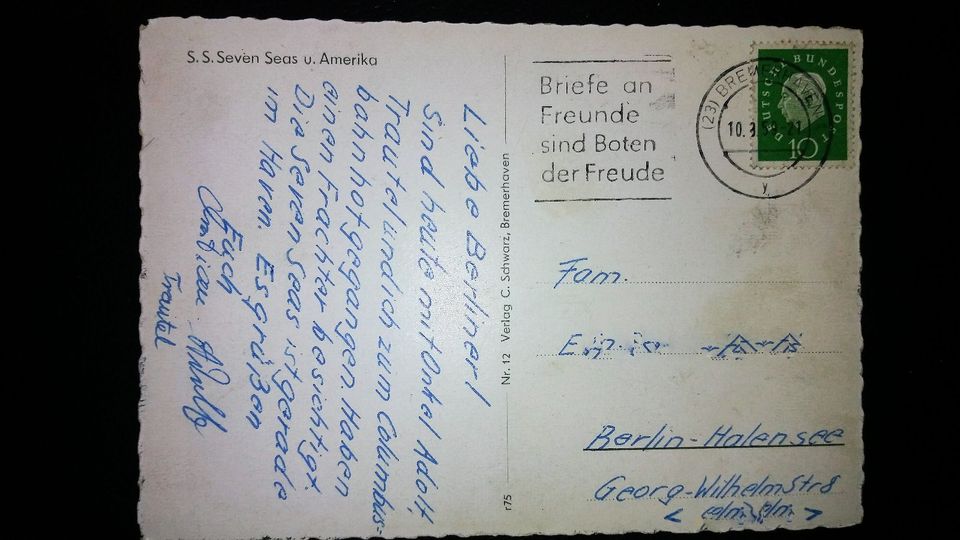 Postkarte Bremerhaven, S.S. Seven Seas u Amerika, 1959 in Berlin