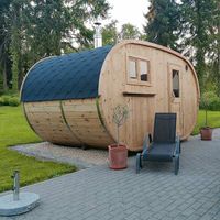 wellmia® Fasssauna Oval Deluxe 410 cm - Gartensauna mit Vorraum - Varianten möglich - Made in Europa Saunafass Außensauna Fass Sauna Garten Fichte Outdoor Holzofen Elektroofen unbehandelt neu Nordrhein-Westfalen - Steinhagen Vorschau