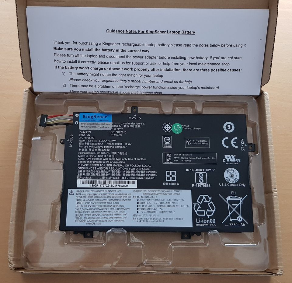 Lenovo ThinkPad Batterie / Akku L470 L480 E480 E580 L580 L590 in Burbach