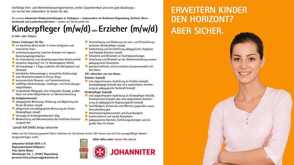 Erzieher und Kinderpfleger (m/w/d) für unsere Kindereinrichtungen in Ostbayern in Voll- /Teilzeit in Regensburg