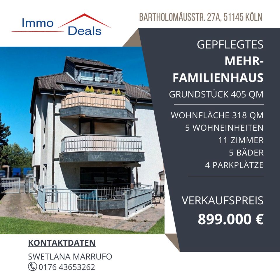 gepflegtes & vollvermietetes Mehrfamilienhaus mit 5 Wohneinheiten, 4 Stellplätze, Baujahr 1995 in Köln