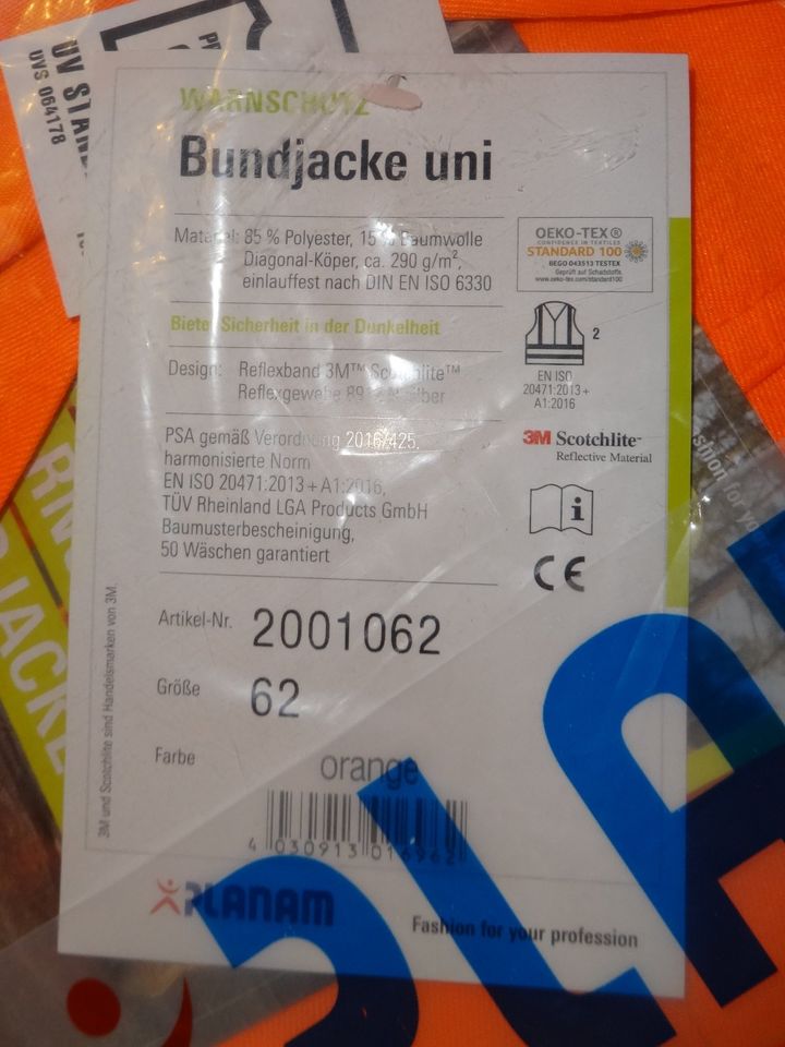 Planam Warnschutz Jacke Arbeitsjacke Bundjacke uni orange 62 in Schorfheide