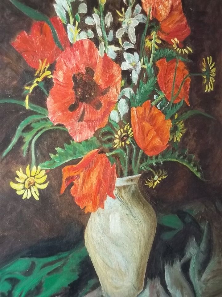 ,,Bunte Blumen in Vase´´ Ölgemälde Unikat Öl auf Holz 60x50cm in Essen