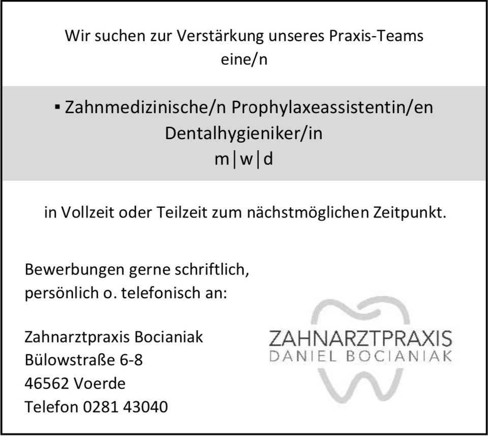 Zahnmedizinische Prophylaxeassistenz ZMP ,Dentalhygieniker/in DH in Voerde (Niederrhein)
