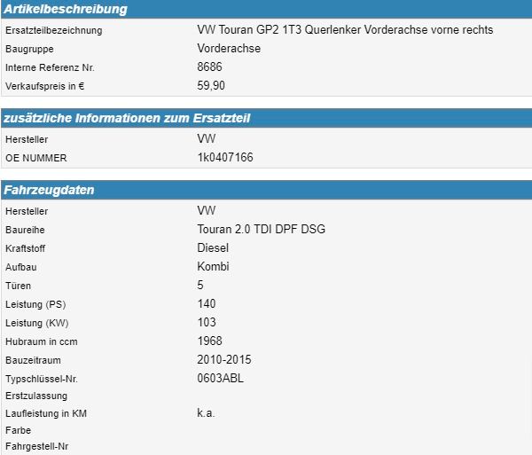 VW Touran GP2 1T3 Querlenker Vorderachse vorne rechts 1k0407166 in Bottrop