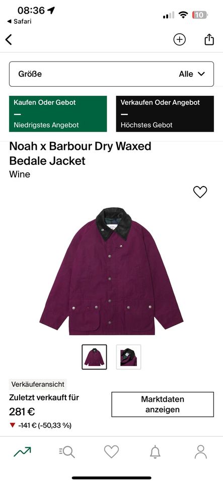 SUCHE Noah x Barbour Dry Waxed Bedale Jacket Wine XL in Hamburg