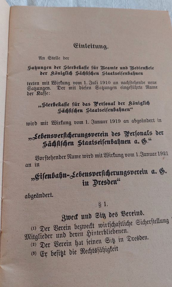 Satzung Eisenbahn-Lebensversicherungsvereins Dresden, 1921 in Wittgensdorf