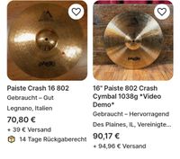 ⚠️ Paiste 802 Crash 16 Becken Cymbal defekt ⚠️ Essen - Huttrop Vorschau