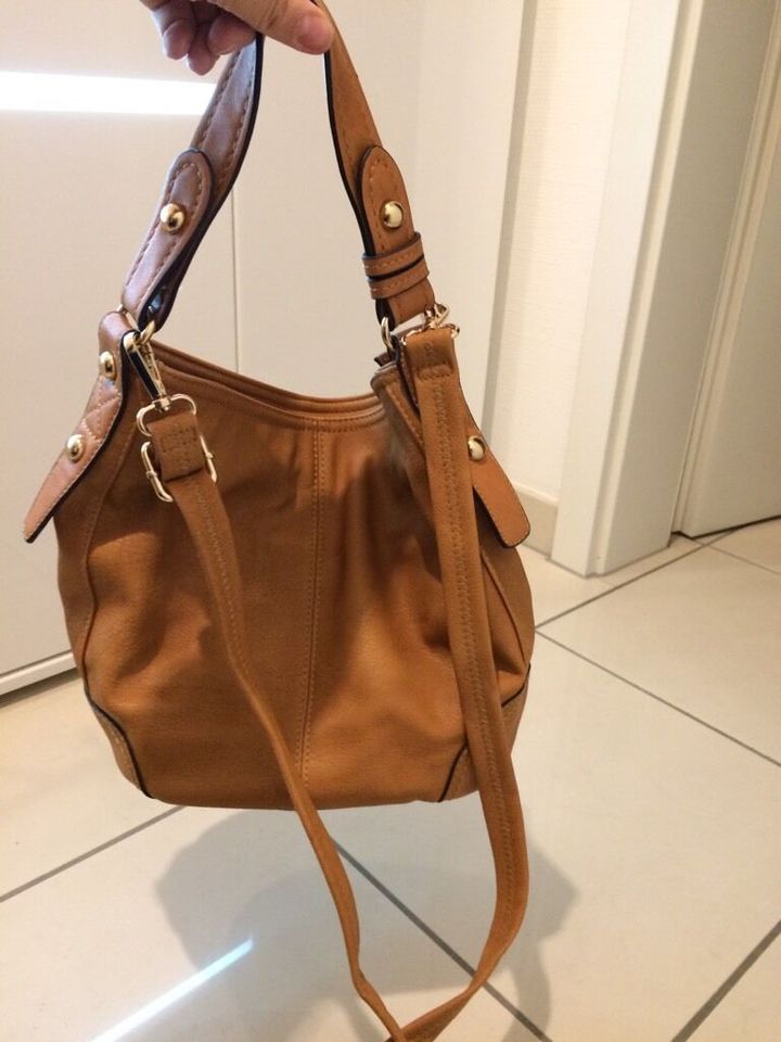 Beige/cognac Handtasche Aus Naturfasern Und Leder