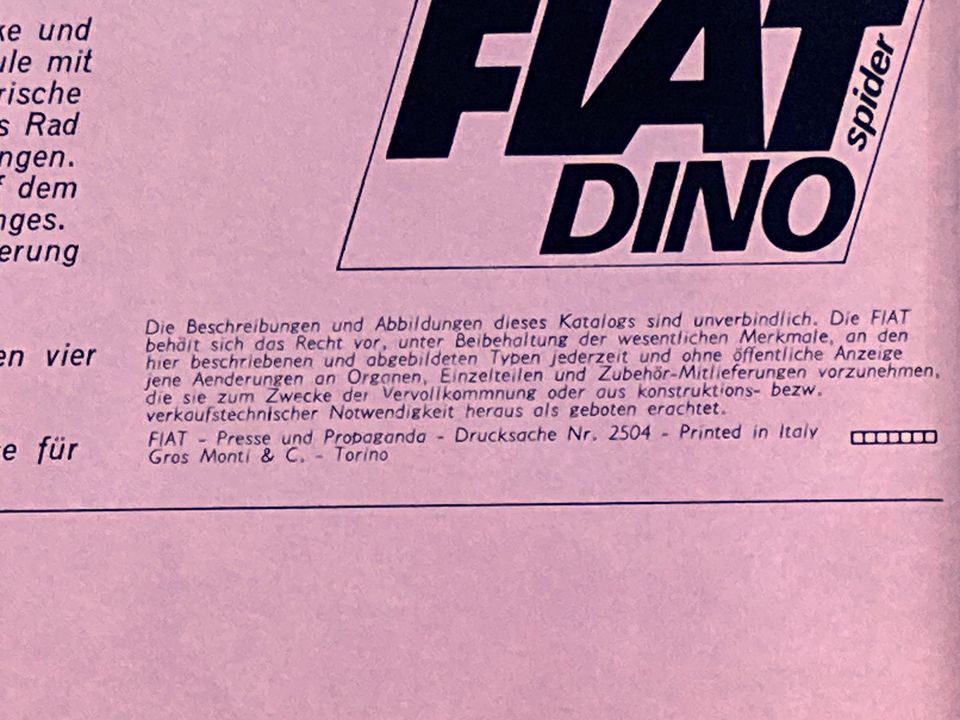 FIAT Dino Spider 2000, Prospekt, ca. 1967, 24 S., dt., TOPRARITÄT in Dachau