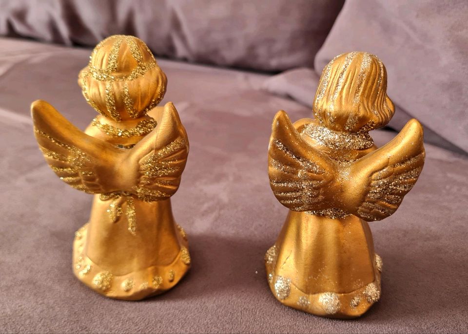 2 goldfarbene Engel mit gold-_silber-_Glitzer_Buch_Harfe_wie neu in Schorndorf