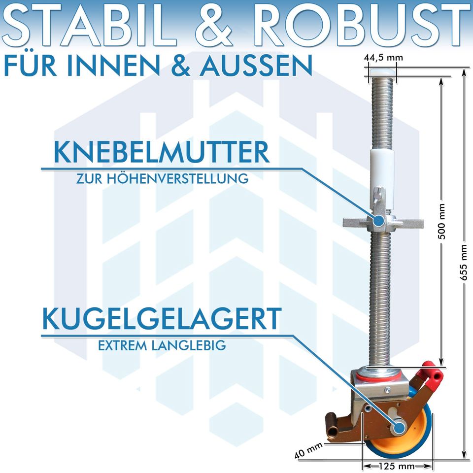 Gerüstrollen 125 mm mit Stahlspindel (4 Stück), 600 kg, DIN 1004 in Bad Honnef