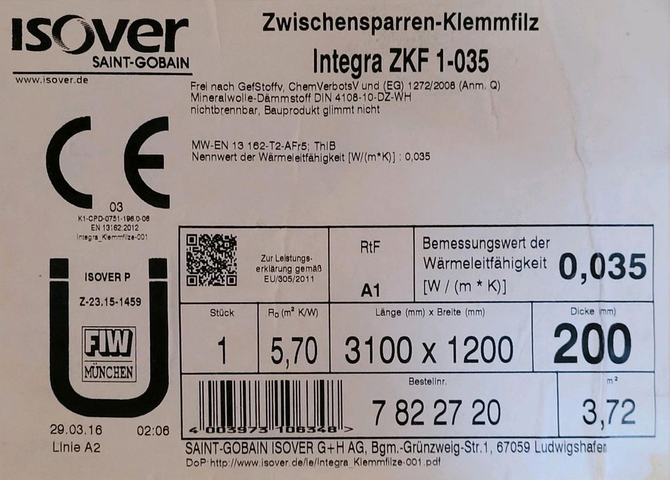 Klemmfilz Mineralwolle 200mm in Kapsweyer