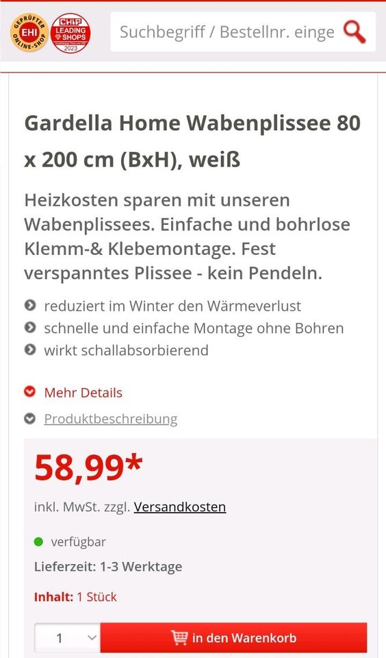 Plissee / Waben-Plissee weiss NEU Balkontür 80x200cm in Langenhagen