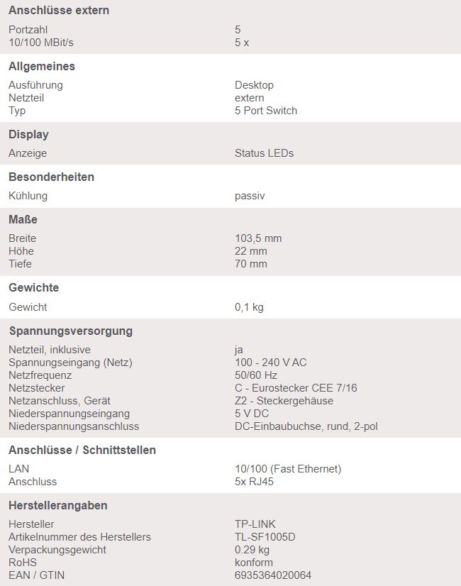 TPLINK TL-SF1005D 5-Port-10/100Mbit/s-Desktop-Switch Hub in Hamburg