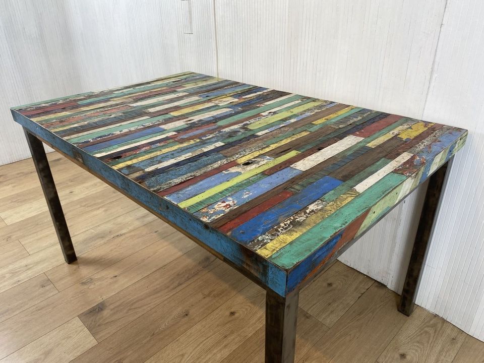 Boatwood by WMK # Wunderschöner Esstisch (140x90cm), ein aus altem Bootsholz handgefertigtes Unikat, Patchwork Teakholz auf Metallgestell # Tisch Esszimmertisch Küchentisch Holztisch Dinning Table in Berlin