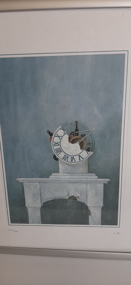 Lithografie "Kamin mit Uhr" von Reiner Merz, limitiert, signiert, in Gummersbach