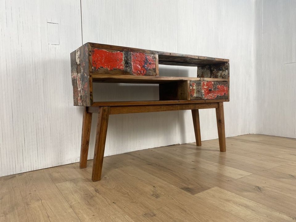 Boatwood by WMK # Besondere Konsole aus altem Bootsholz mit Schubladen, ein handgefertigtes Unikat aus massivem Teakholz # Kommode Sideboard Schrank Garderobe Flurkommode Ablage Industrial Upcycling in Berlin