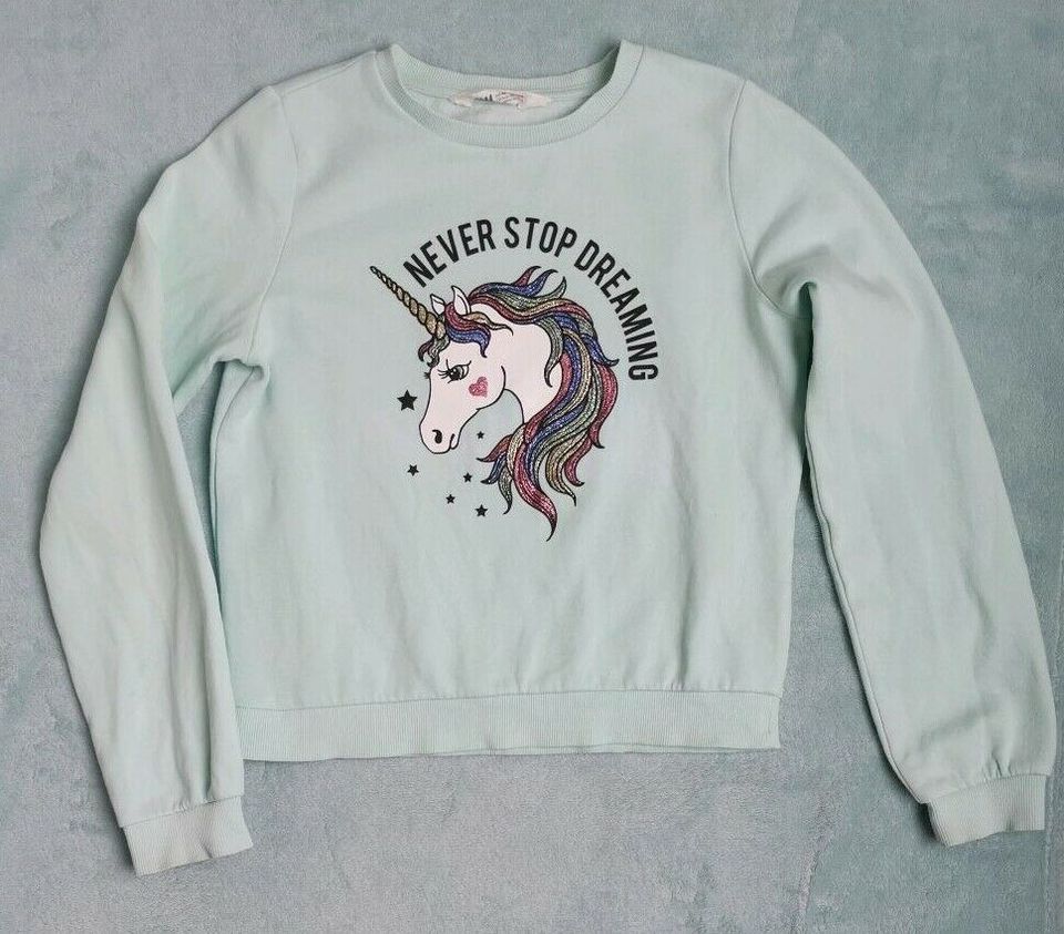 Mädchen Pullover Sweatshirt 146 152 Glitzer Einhorn Pulli türkis in Eitorf