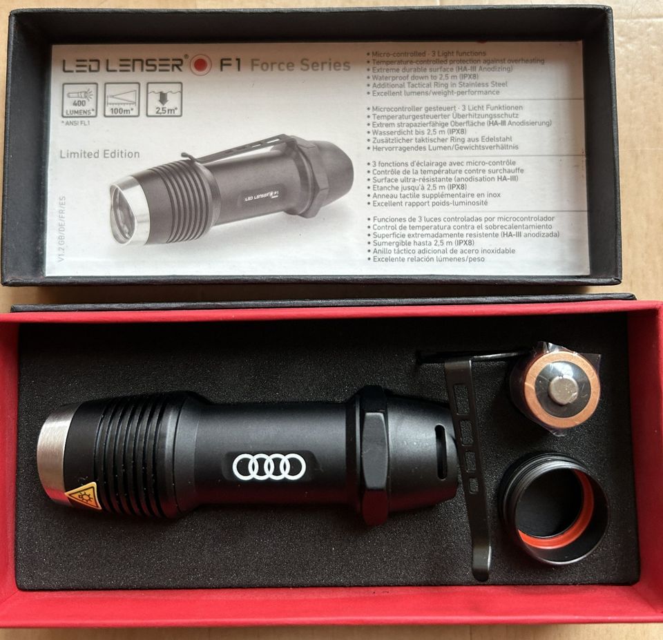 NEU AUDI LED LENSER F1 400 LUMEN TASCHENLAMPE SCHWARZ LEDLENSER in Krumbach Schwaben