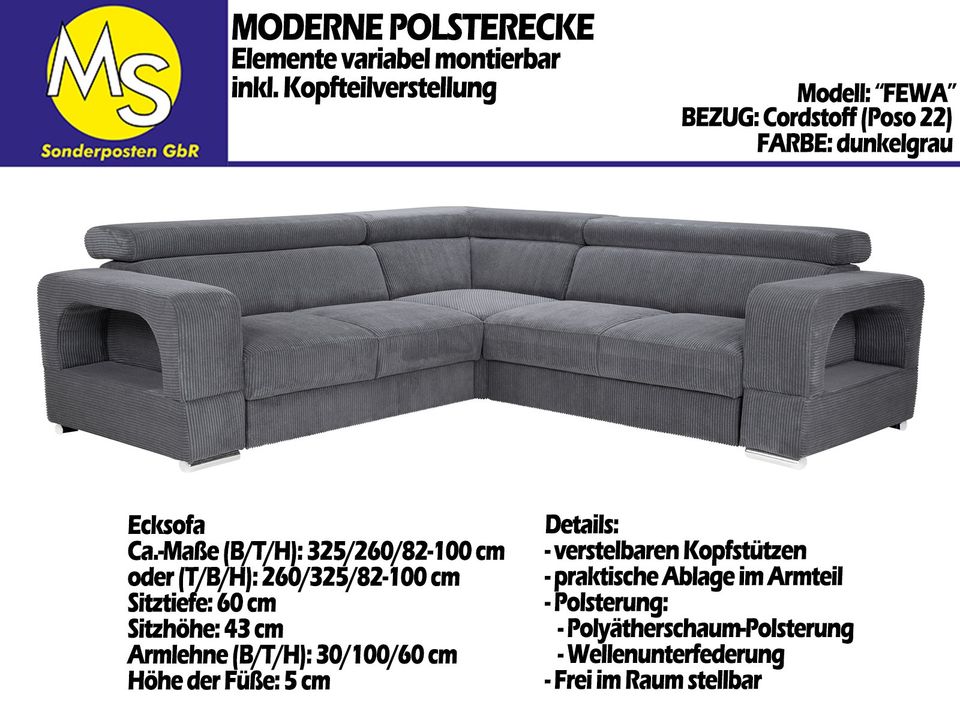 Sofa Couch Wohnlandschaft L Form Cordstoff dunkelgrau in Mettingen