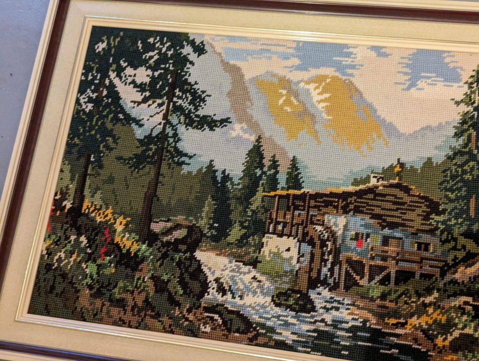 Gobelin Bild Landschaft Wassermühle Berge Alpen Fluss 82x52 cm in Kutenholz