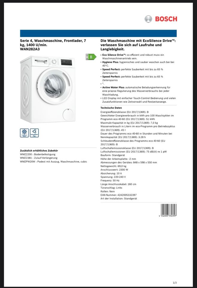 Bosch Waschmaschine Serie 4, Energieeffizienz - Klasse B in Hamburg