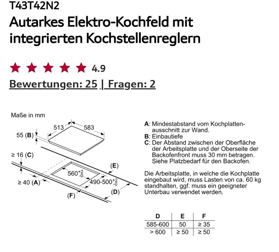 Autarkes Induktions Kochfeld Neff 60x60 T43T42N2/01 in Ellern (Hunsrück)