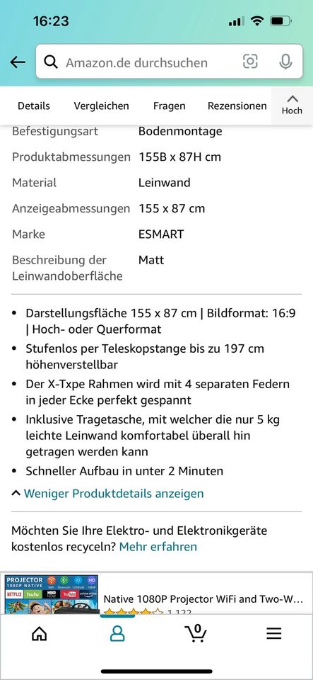 Beamer Full HD mit Leinwand in Hirschfeld (Hunsrück)