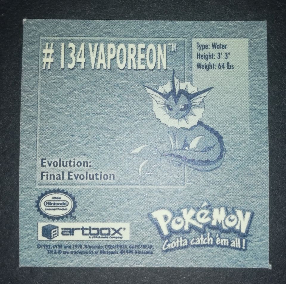 Pokemon #134 Vaporeon Sticker Series 1 (1999) English Near Mint in Weißwasser