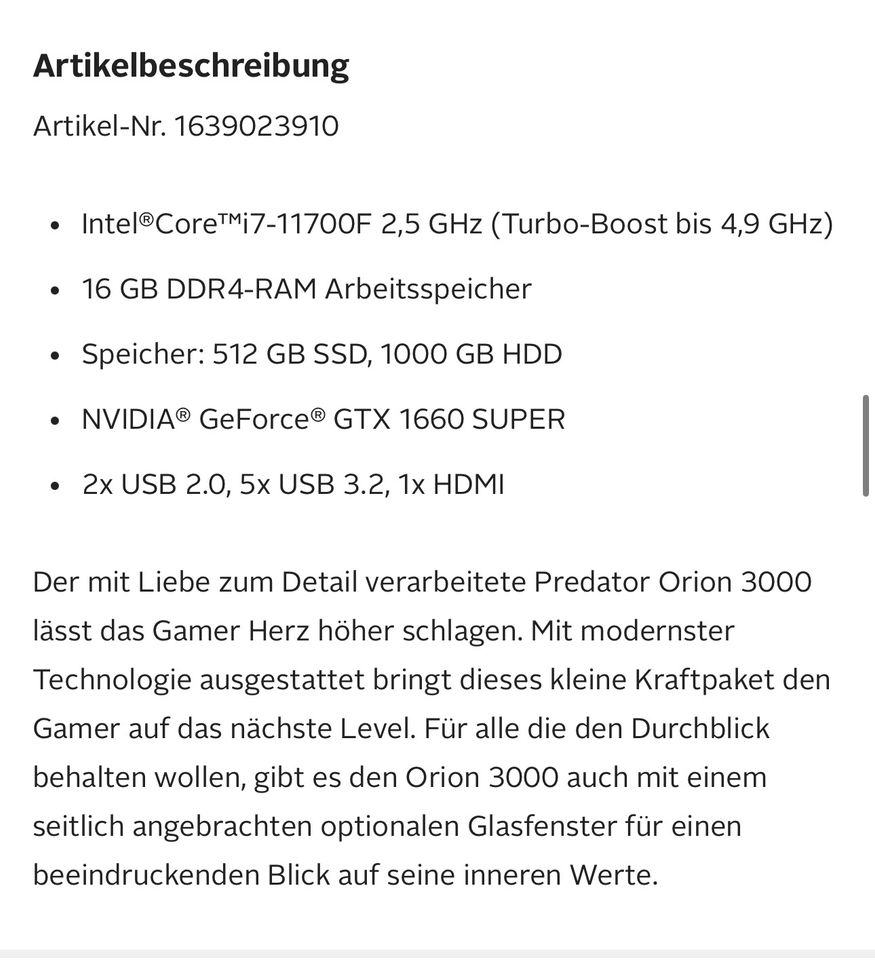 Acer Predator Orion 3000 (PO3-630) Gaming-PC in Minden