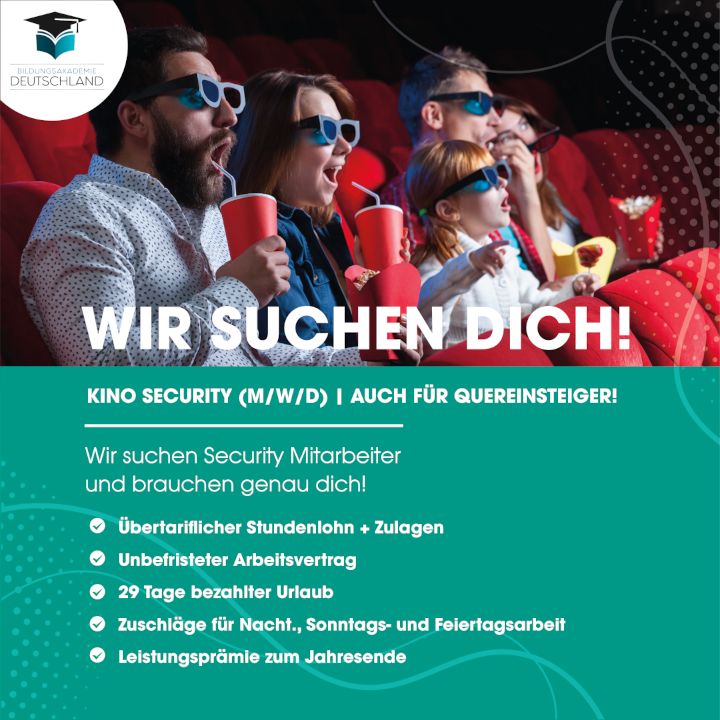 Werde Security fürs Kino!| 2.500,00€ möglich (m/w/d)|job|security|quereinsteiger|sicherheitsmitarbeiter|vollzeit in Aachen