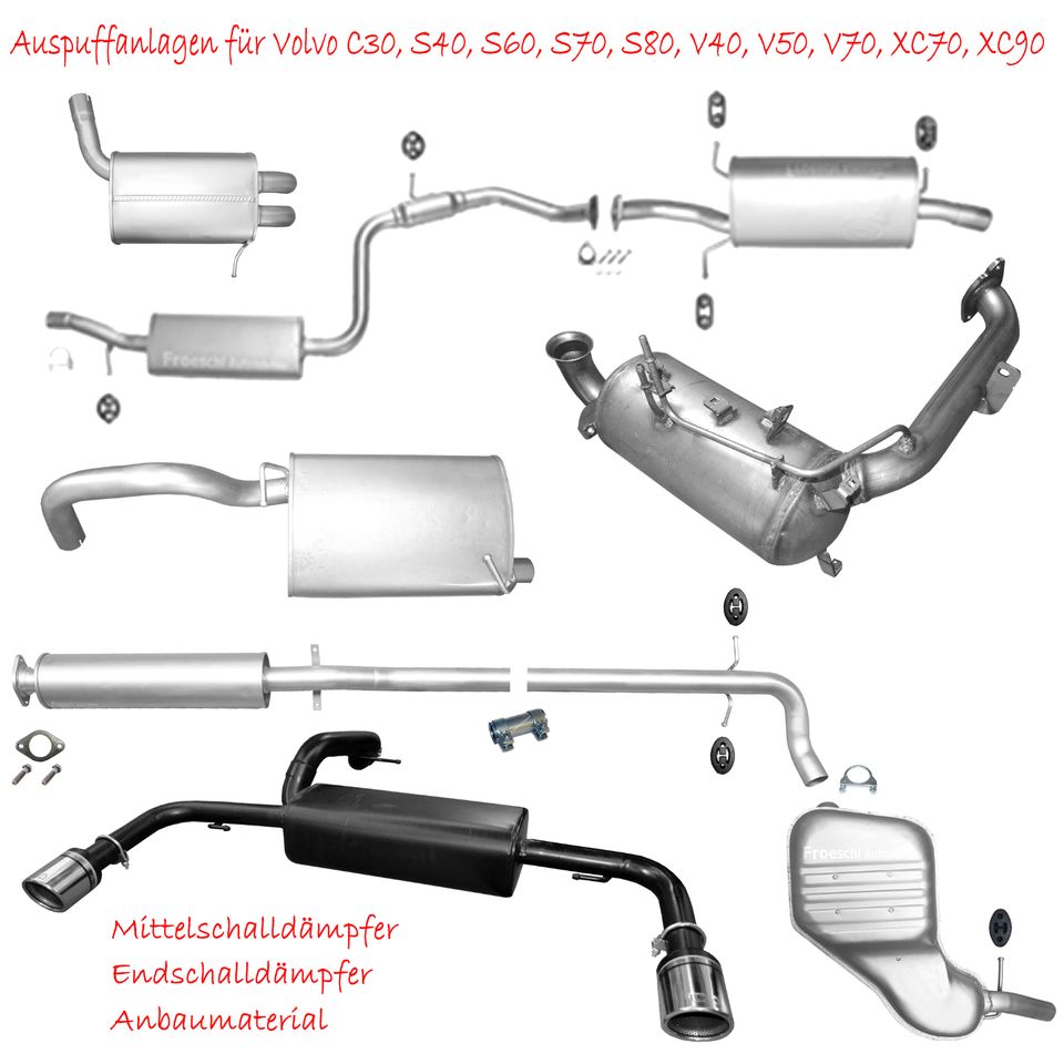 Volvo 460 850 C30 S40 S60 S70 S80 V40 V50 V70 XC70 XC90 Auspuff Endschalldämpfer Mittelschalldämpfer Hosenrohr Katalysator Rußpartikelfilter Sportauspuff Lambdasonden Flexrohre Rohre Winkelrohre in Hoyerswerda