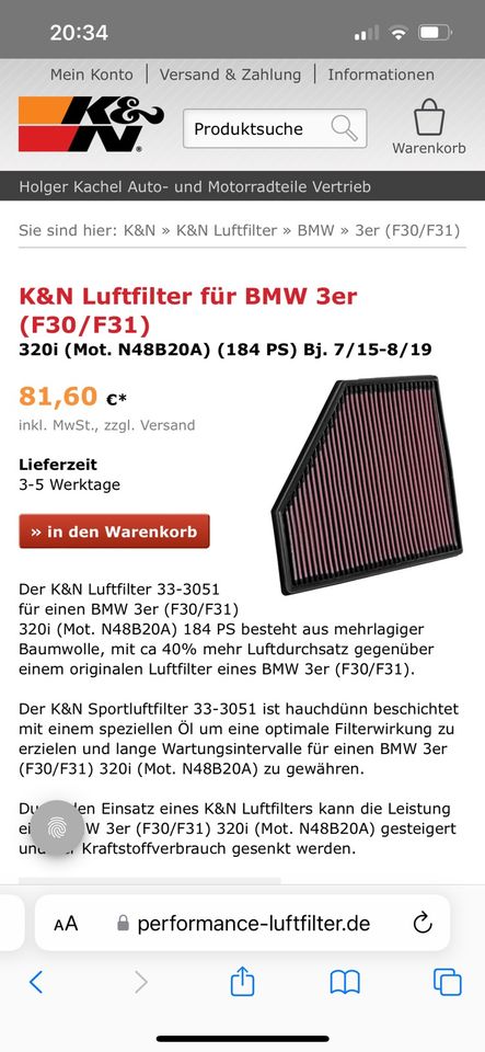 K&N Performance Luftfilter für BMW 3er (F30/F31) NEU in Weyarn