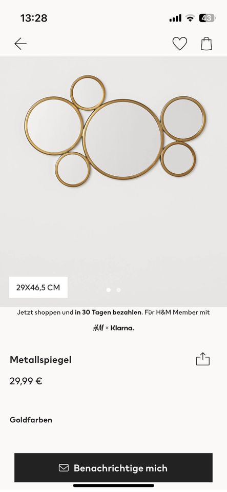 H&M Home Metallspiegel Gold Rund Kreise | Runde Metall Spiegel in Coburg