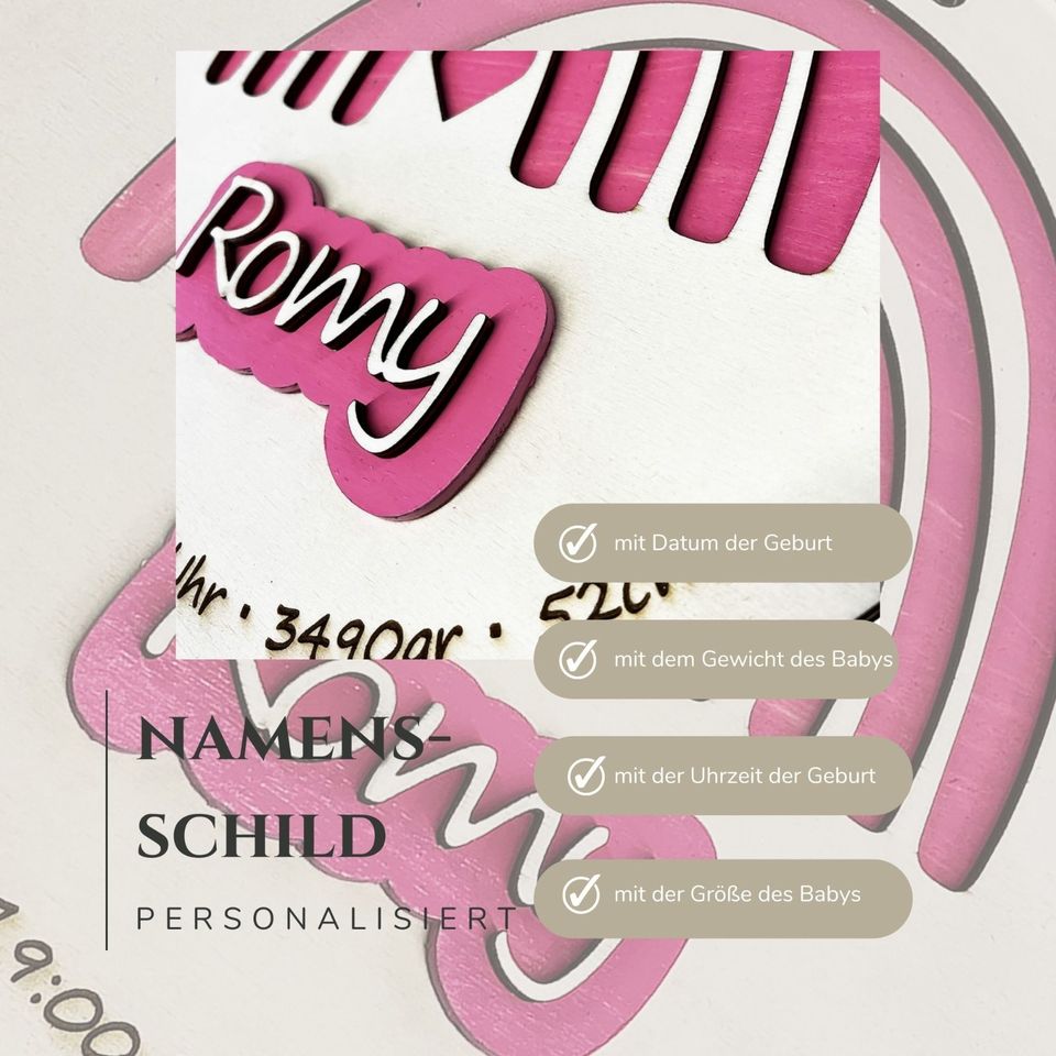 Personalisiertes Namensschild zur Geburt 30cm rosa Regenbogen in Heiden