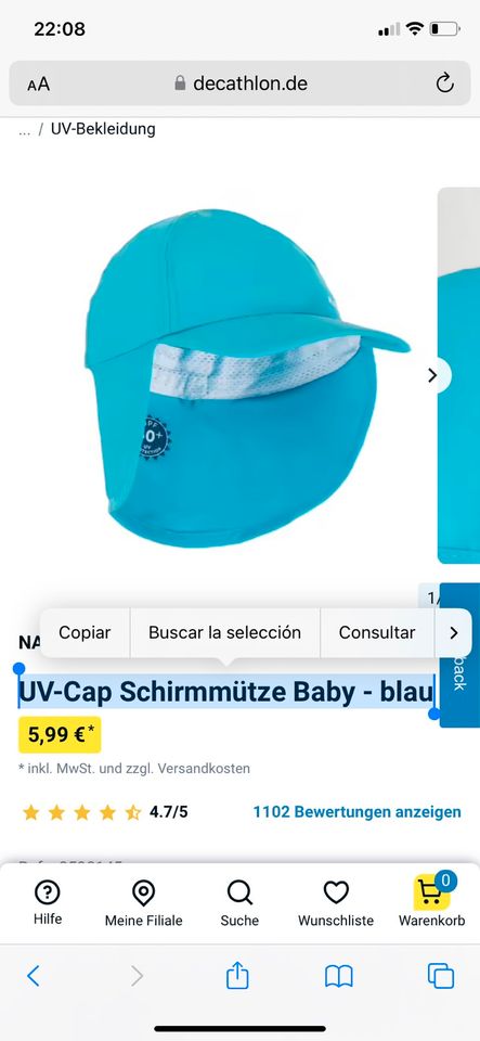 Sonnenhut Sonnenkappe UV Cap Decathlon 6-12 Monate in Düsseldorf