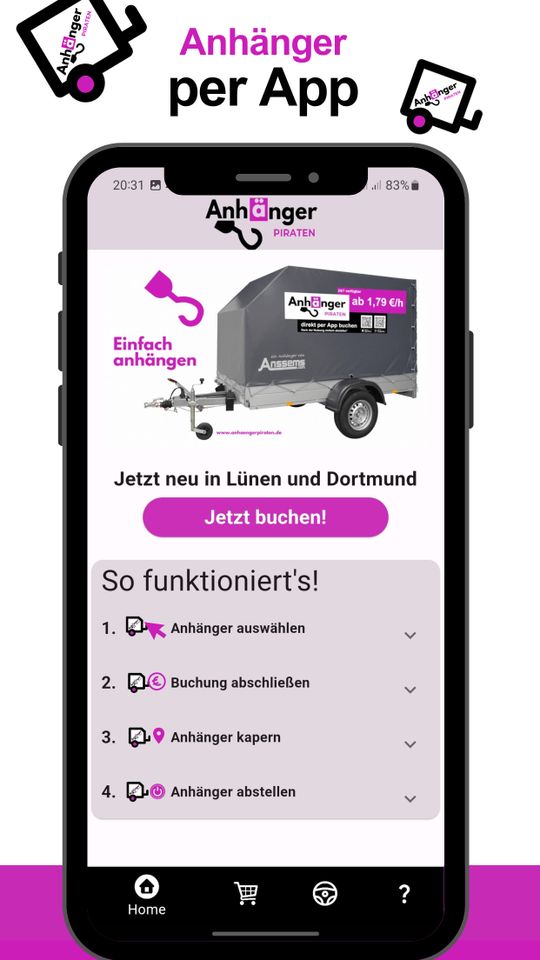 Anhänger mieten 24/7 in Dortmund via App ohne Übergabe in Dortmund