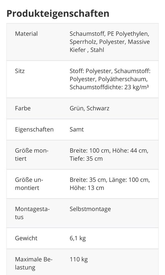 Sitzbank Samt dunkelgrün in Bad Oeynhausen